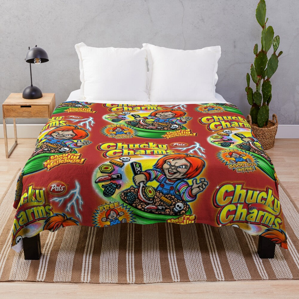 Chucky plush blanket with horror movie and 80s cereal box design