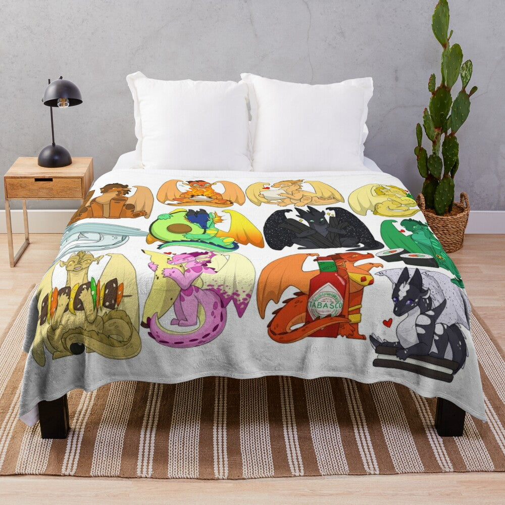 Cozy chibi dragon plush blanket with various food items