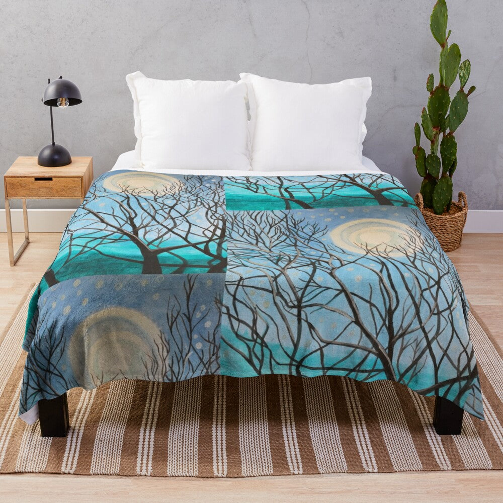 Serene winter moon landscape with silhouette trees on a plush blanket