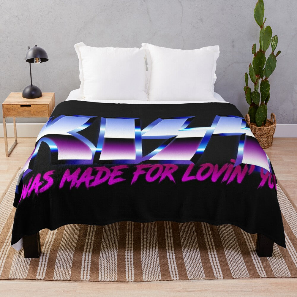 Retro chrome KISS band plush blanket with fan art design