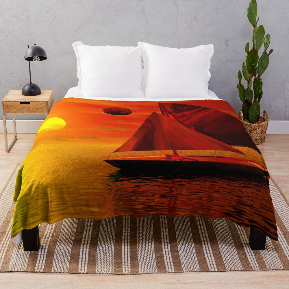 Plush blanket featuring a beautiful sunset sailing scene