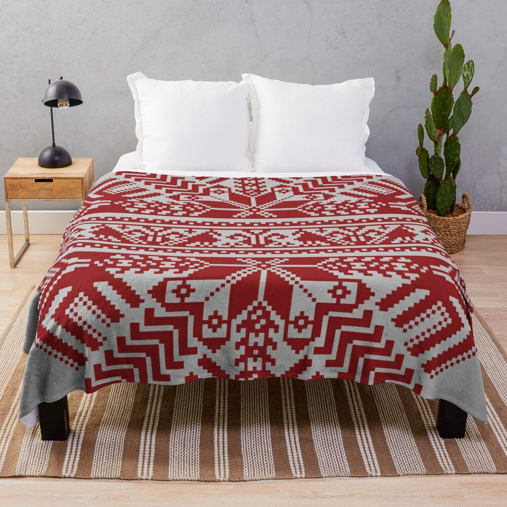 Baltic traditional Latvian plush blanket with ornamental geometric design