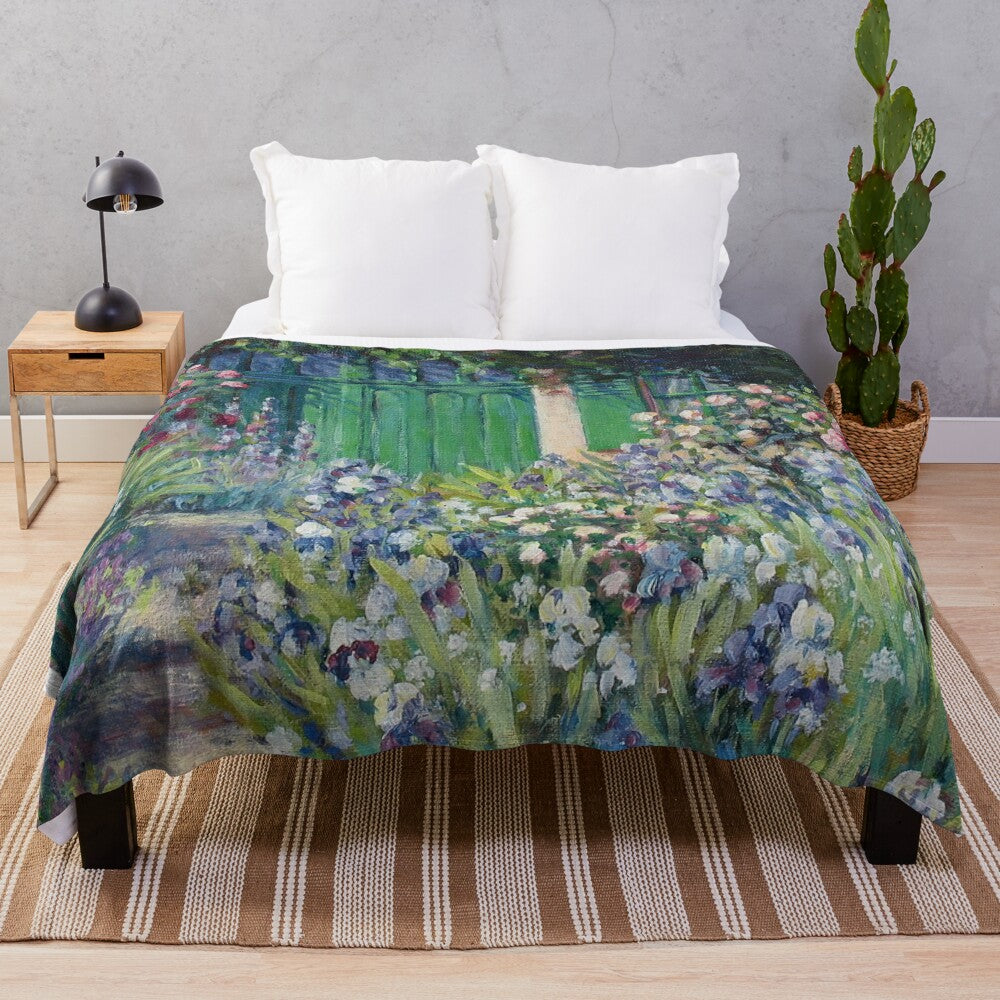 Monet's Garden Plush Blanket featuring a painting of the iconic garden path in Giverny, France