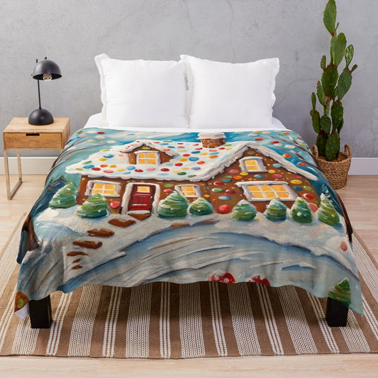 Vibrant gingerbread house oil painting design on a plush and cozy Christmas blanket