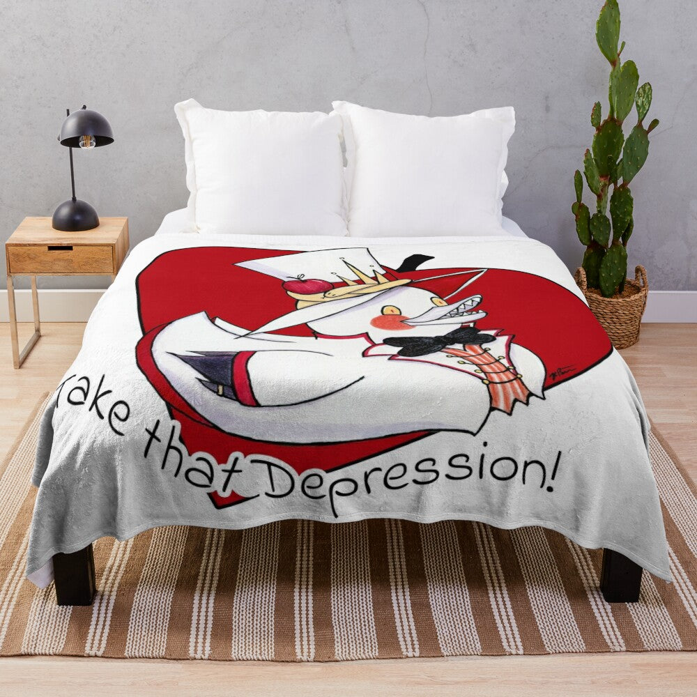 Soft and cozy plush blanket featuring a Hazbin Hotel Lucifer rubber duck design