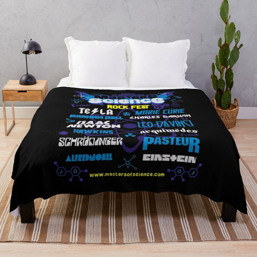 Masters of Science plush blanket with science, technology, and music inspired design