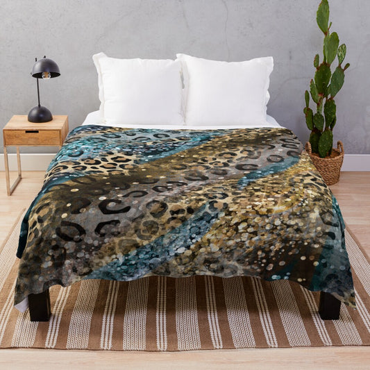 Teal leopard print plush blanket