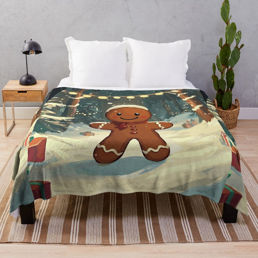 Soft, plush winter blanket featuring a cute cartoon gingerbread design