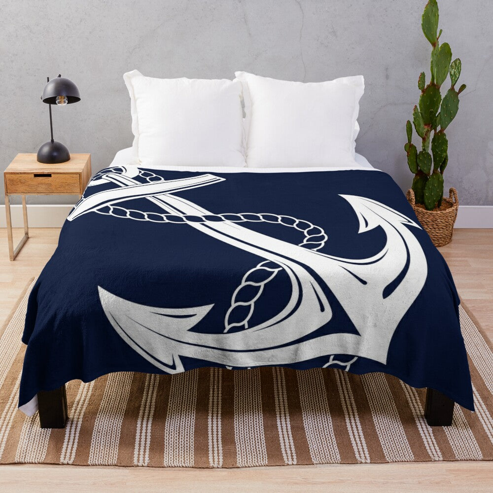 Anchor Nautical White and Navy Plush Blanket