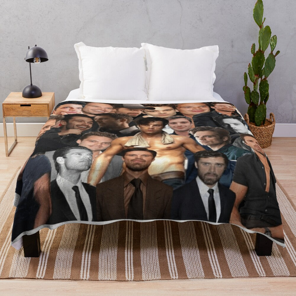 Gorgeous Sebastian Stan collage design printed on a plush, cozy blanket