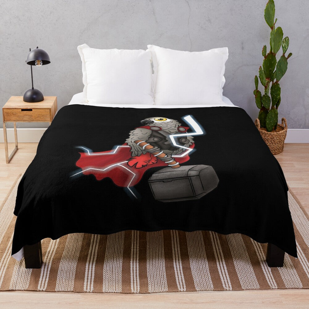 Cozy plush blanket featuring an adorable african grey parrot in a superhero costume