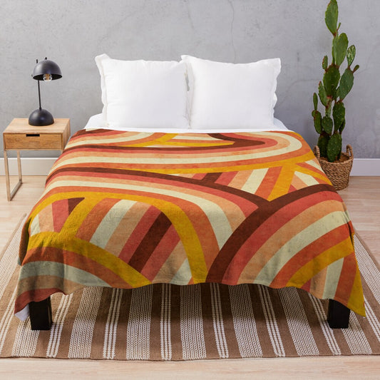 Vintage-inspired plush blanket with vibrant rainbow stripes in a retro 70s style