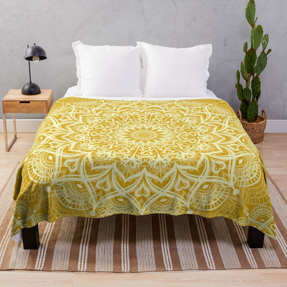 Boho mandala plush blanket in bright yellow color