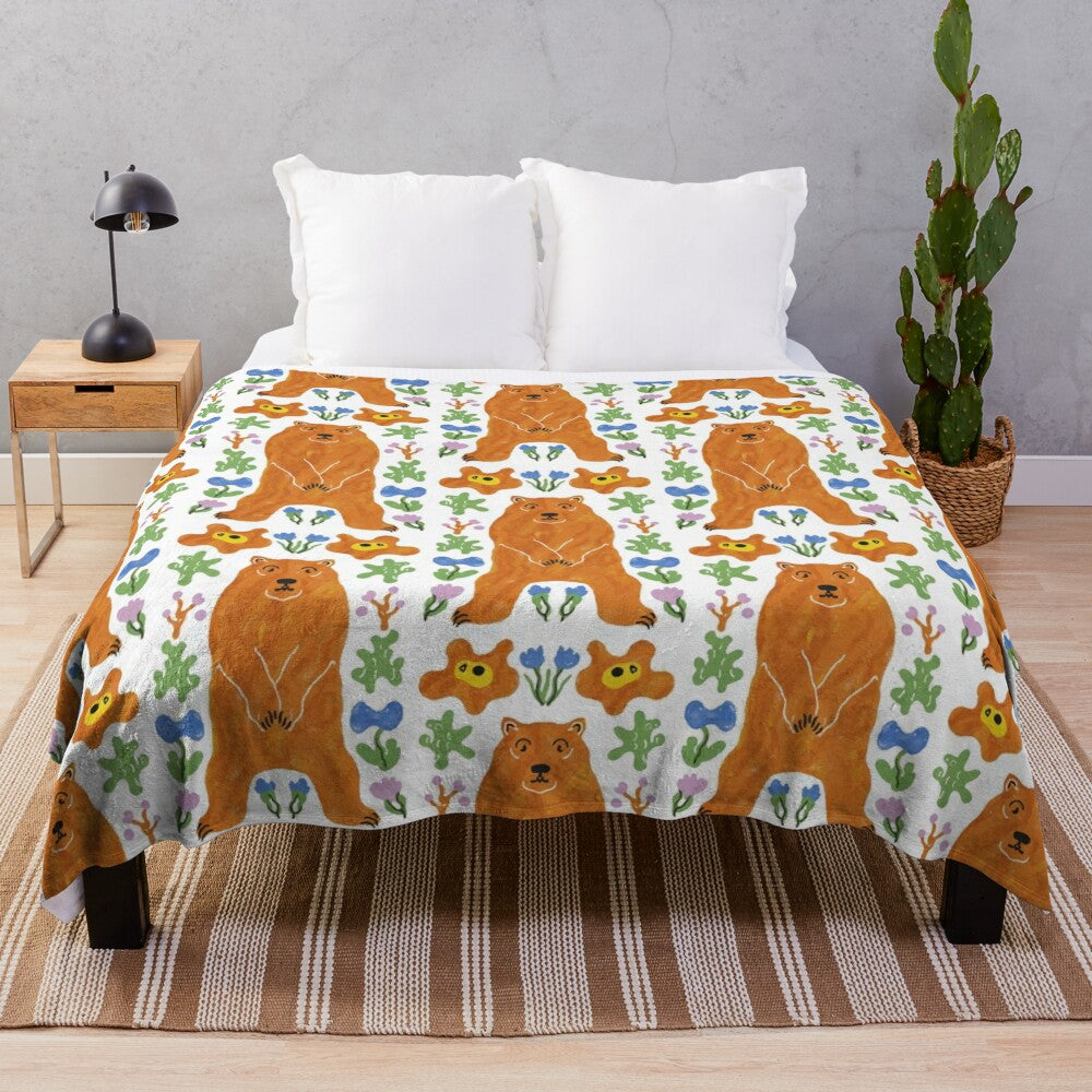 Colorful illustrated plush blanket with bears and flowers design