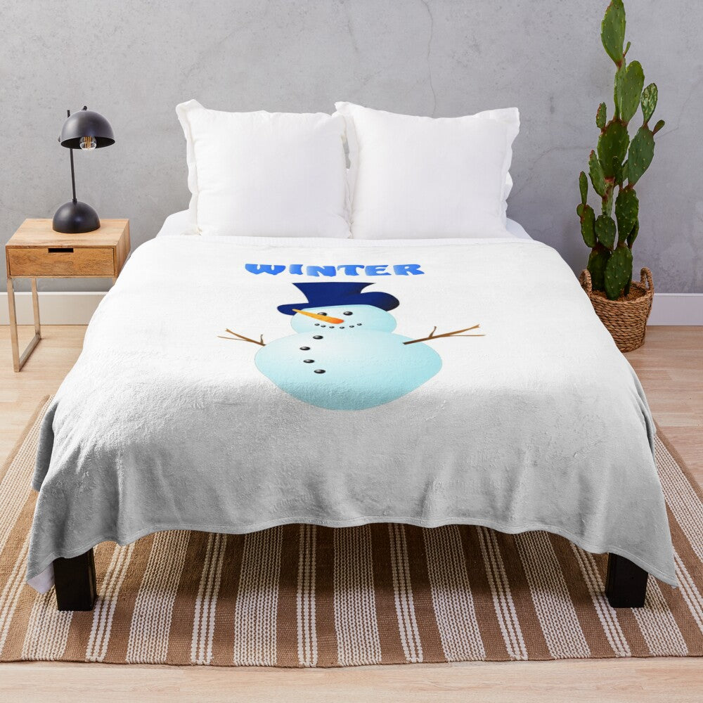 Stylized snow-themed plush blanket featuring triangular patterns and winter imagery