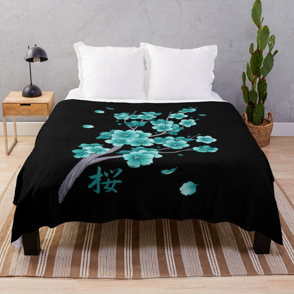 Teal blue sakura cherry blossom petals falling on a plush blanket