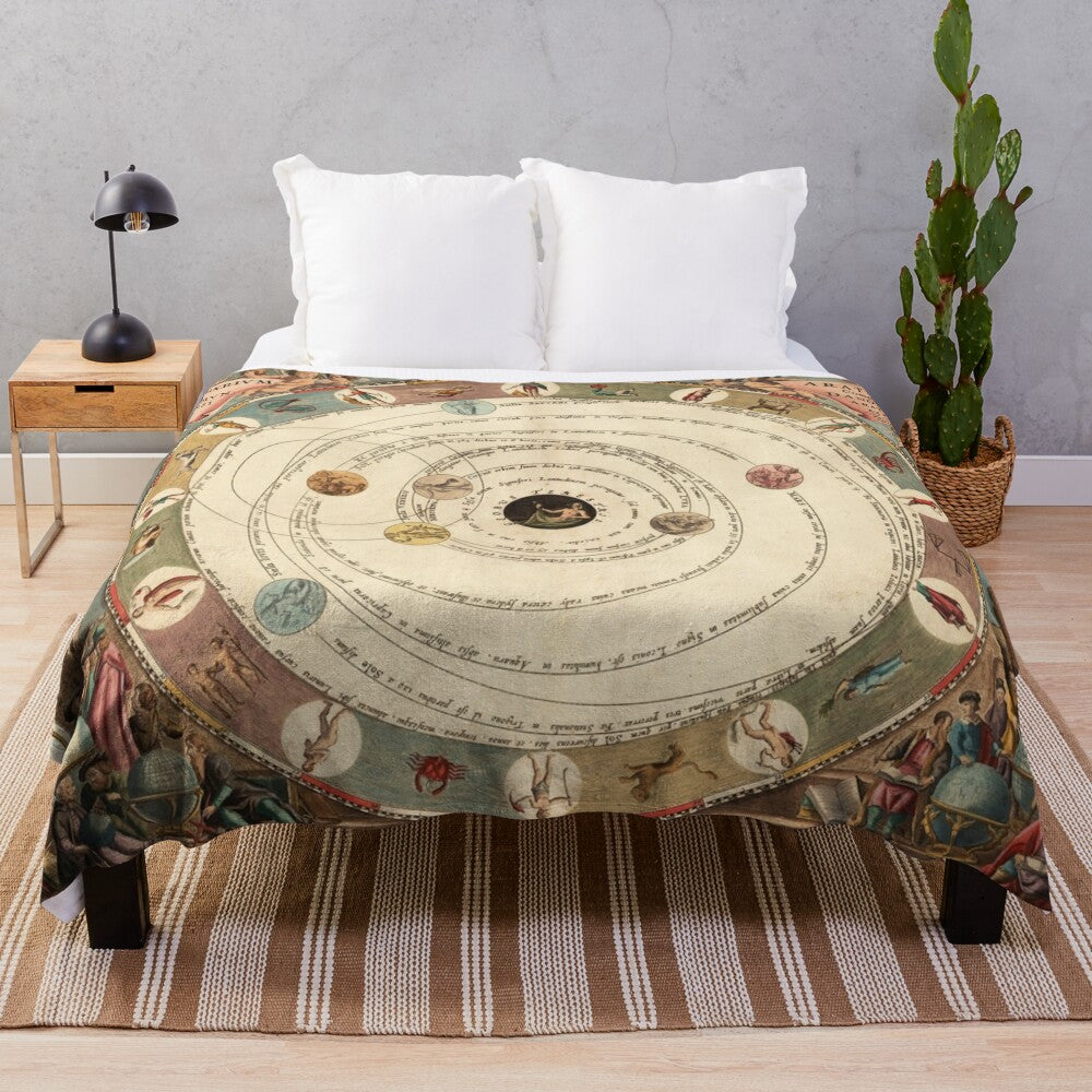 Vintage-inspired plush blanket with zodiac circle and horoscope symbols