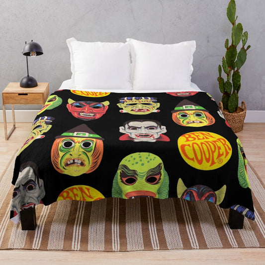 Vintage-inspired Halloween masks plush blanket