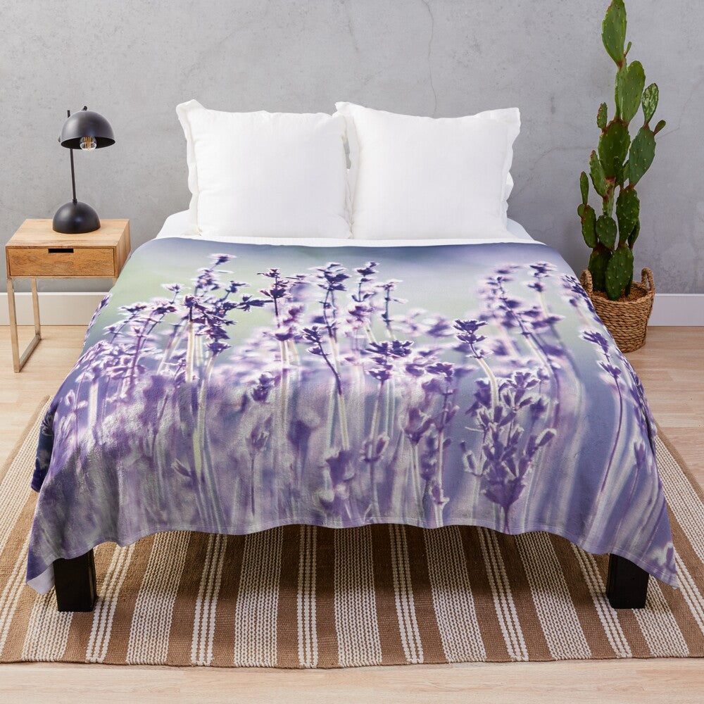 Purple summer field and lavender botanical pattern plush blanket