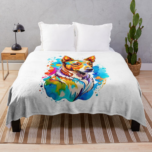 Vibrant watercolor-style Kelpie dog plush blanket