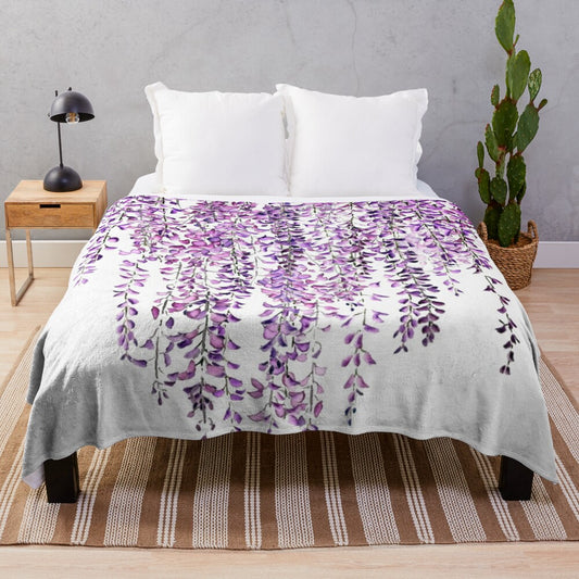 Plush blanket with hand-painted purple wisteria flowers in bloom