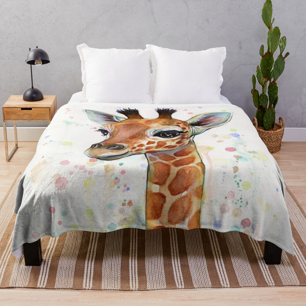 A soft and plush baby giraffe blanket featuring a watercolor painting