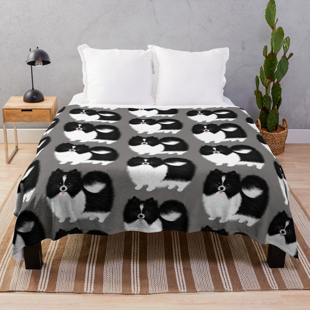 Cute black and white pomeranian dog plush blanket