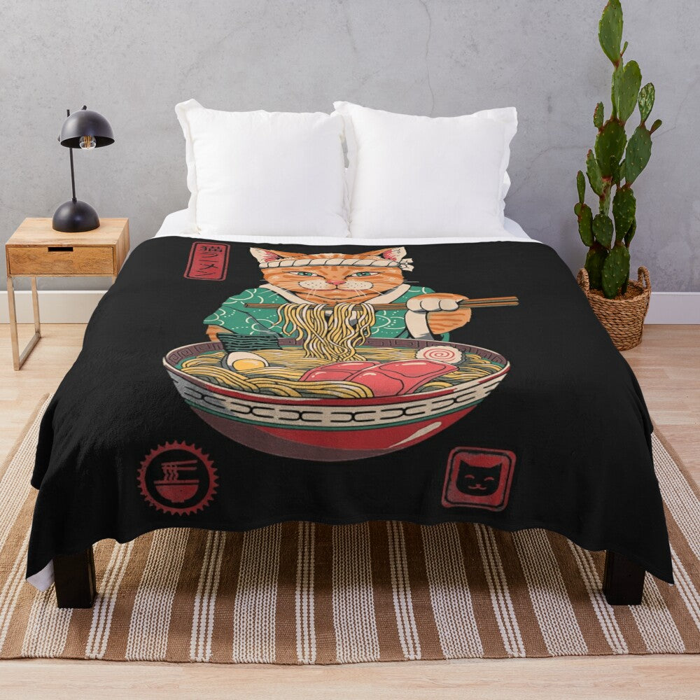 Soft and cozy plush blanket with a kawaii anime-style ramen noodle cat design