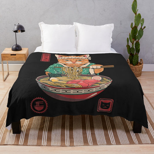 Soft and cozy plush blanket with a kawaii anime-style ramen noodle cat design