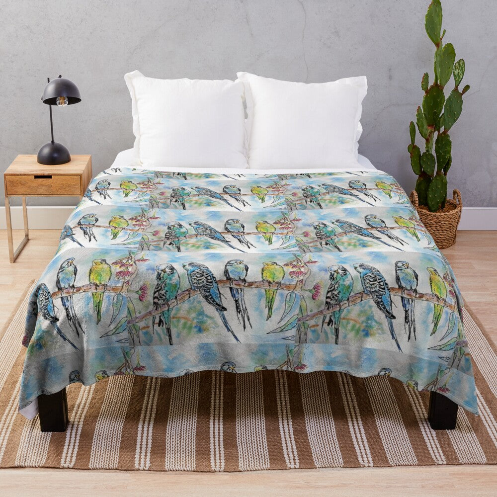 Colorful budgies (Australian parrots) sitting on a branch in a watercolor painting design on a plush blanket