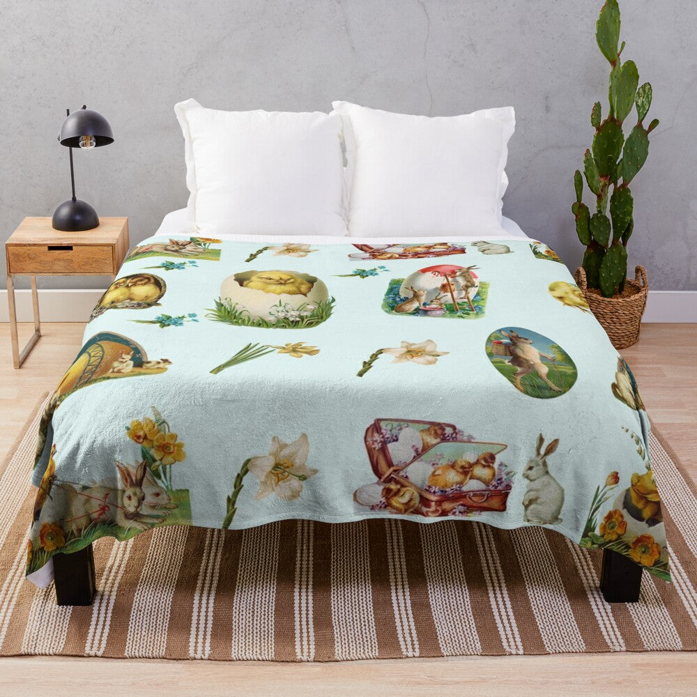 Vintage-inspired plush blanket featuring a colorful Easter and spring floral design