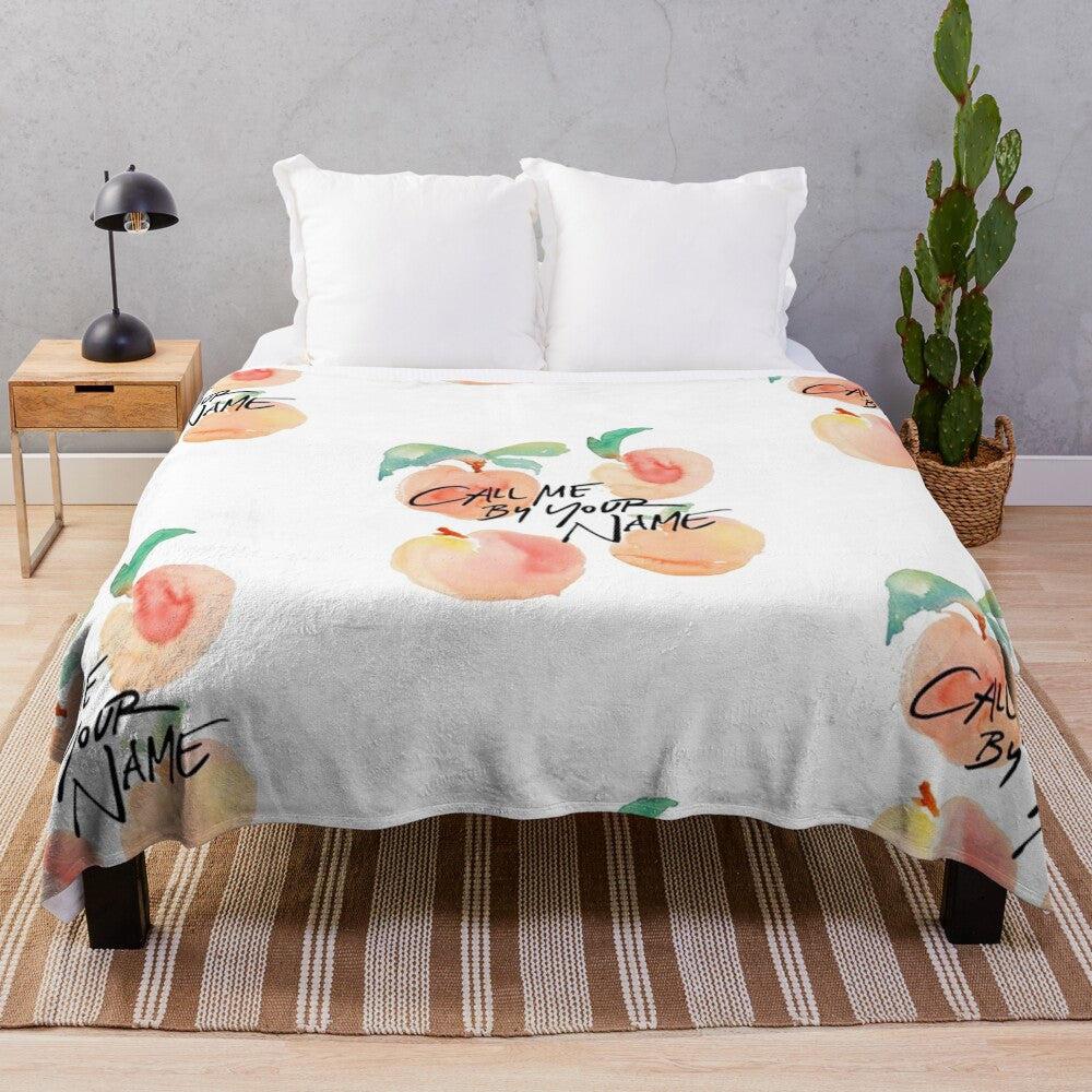 Peaches plush blanket featuring quotes and imagery from the popular film and book "Call Me By Your Name"