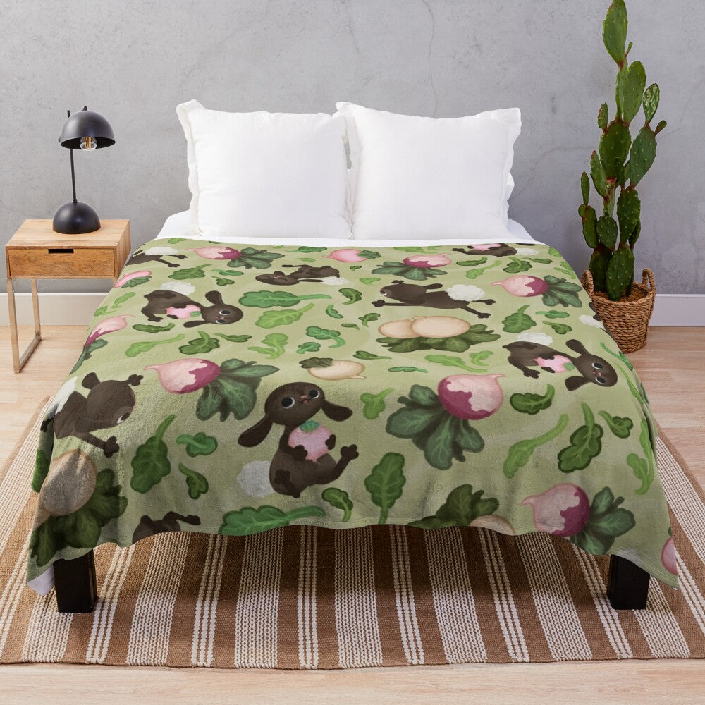 Soft and snuggly plush blanket featuring a pastoral farm scene with sheep, turnips, and a calming green color palette