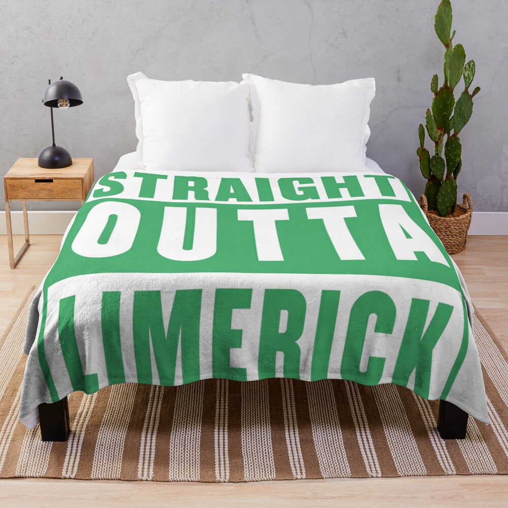 Plush green blanket with "Straight Outta Limerick" design