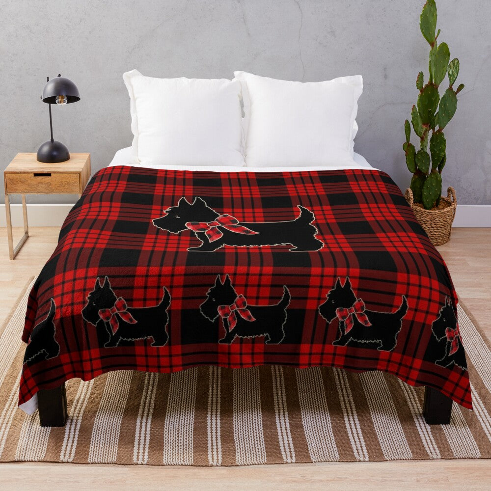 Plush Scottish Terrier Blanket with Tartan Print Design