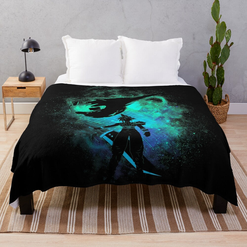 Ex-soldier inspired plush blanket with Final Fantasy 7 character Cloud Strife artwork