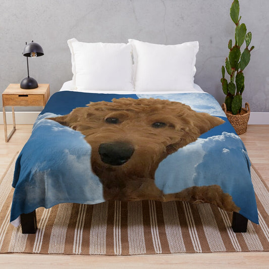 Golden doodle plush blanket with blue sky and clouds