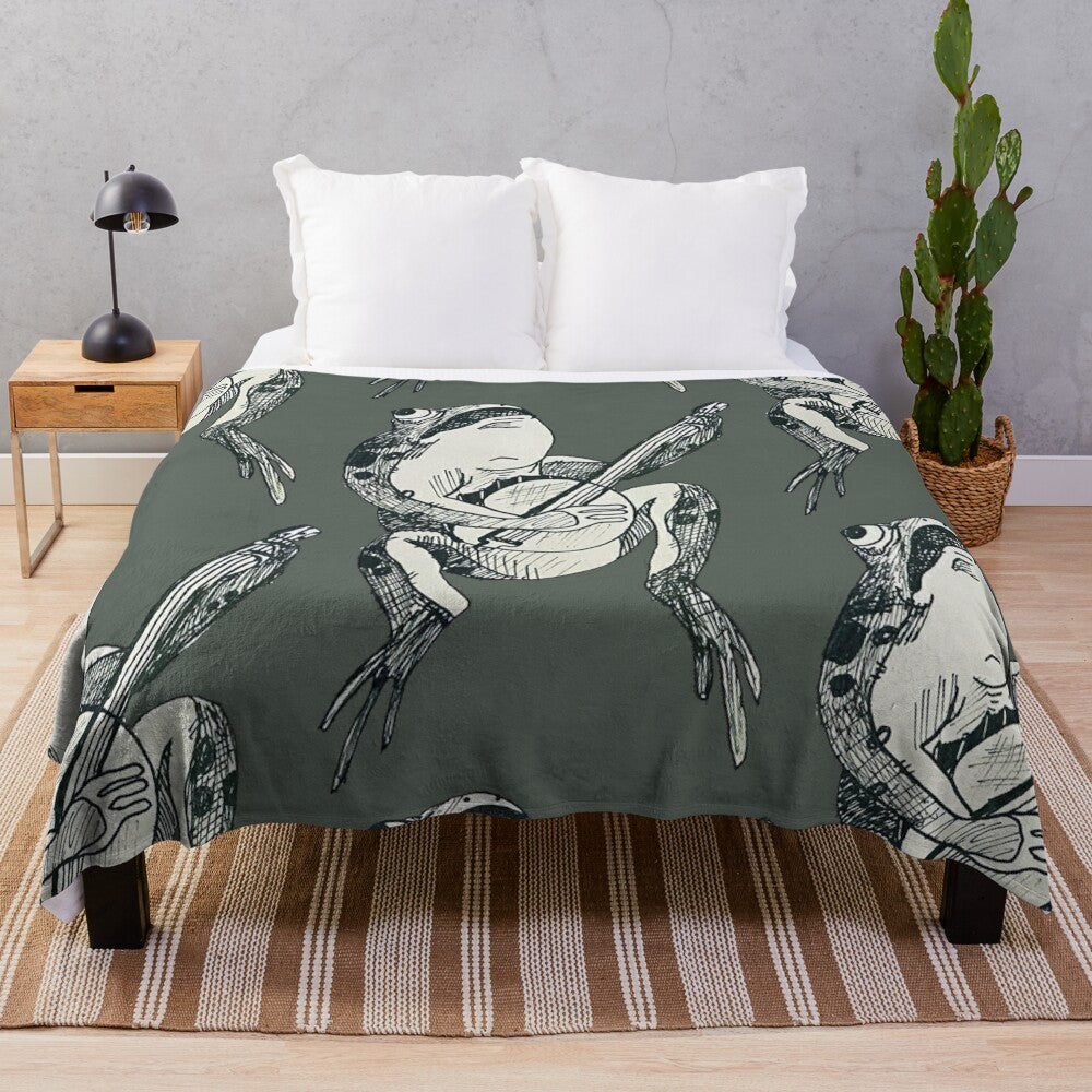 A plush blanket featuring a whimsical fairytale frog playing a banjo in a woodland setting