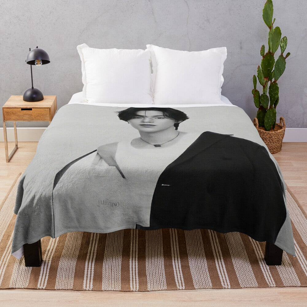 Monochrome plush blanket with the image of BTS member Suga, also known as his solo stage name Agust D.