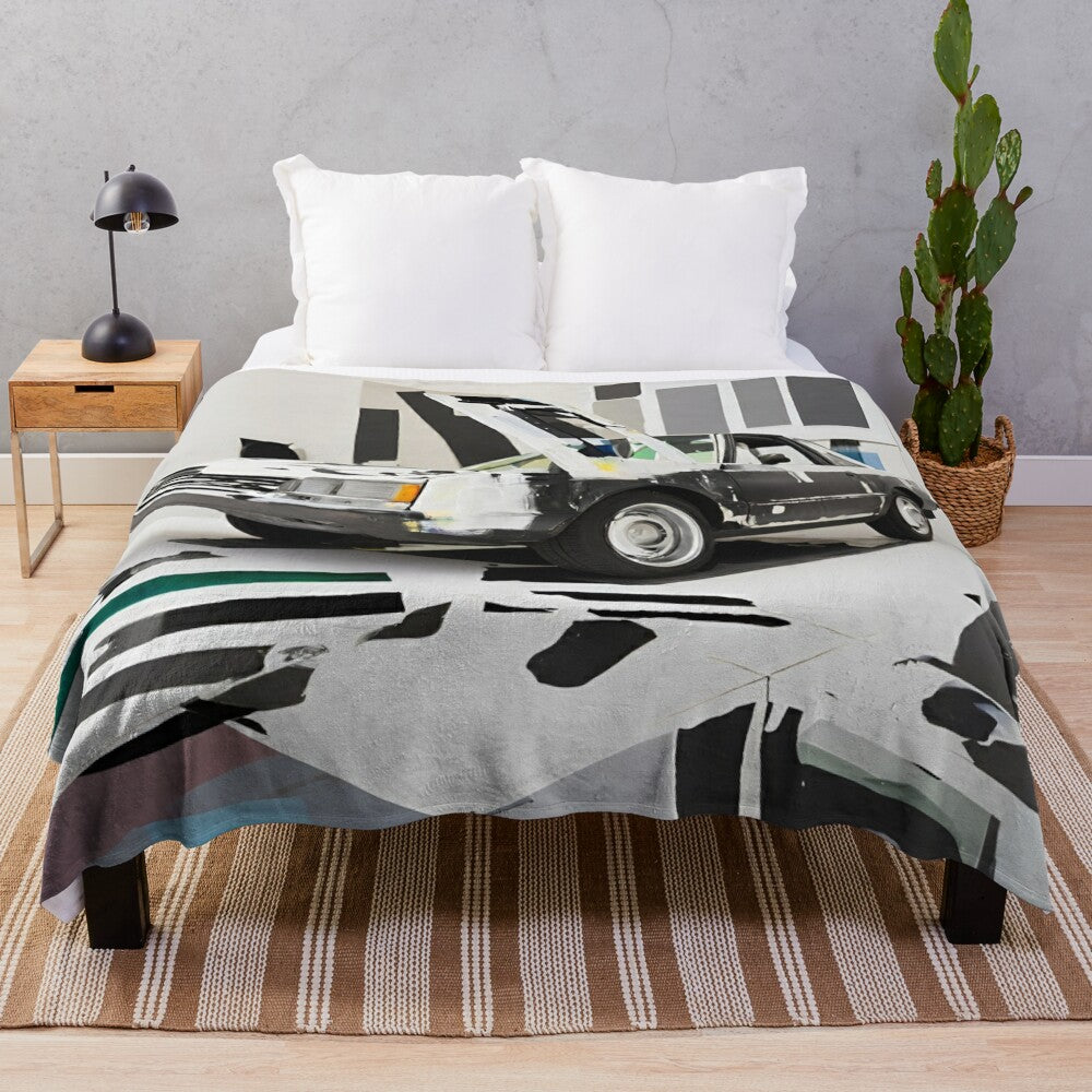 Colorful abstract minimalist painting of a classic car on a plush blanket