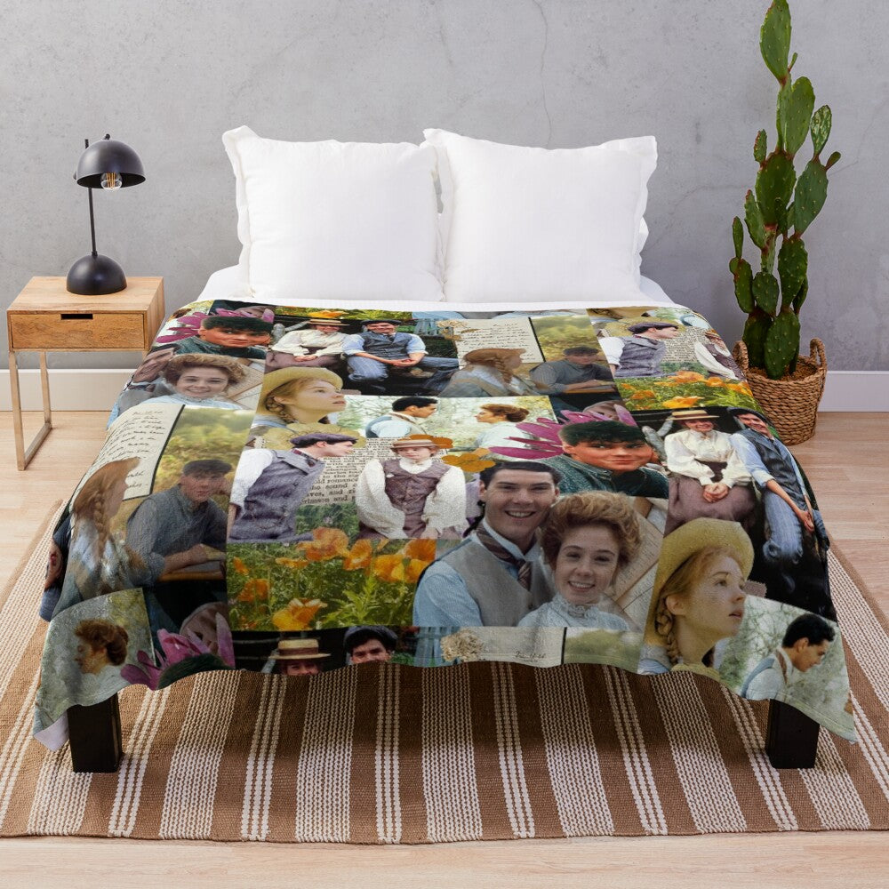 Anne of Green Gables inspired plush blanket featuring a collage of characters and scenes from the beloved classic novel