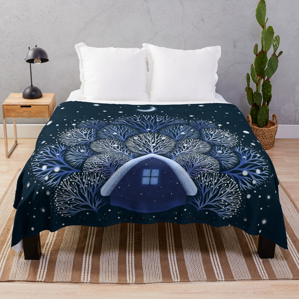 Soft plush blanket featuring a snowy night and lunar fantasy design