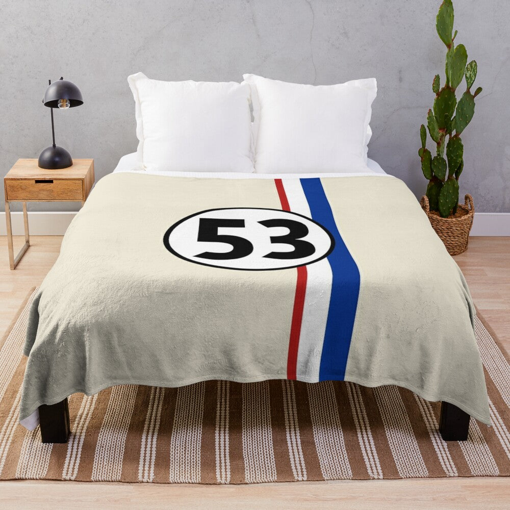 Vintage-inspired plush blanket featuring a classic car design