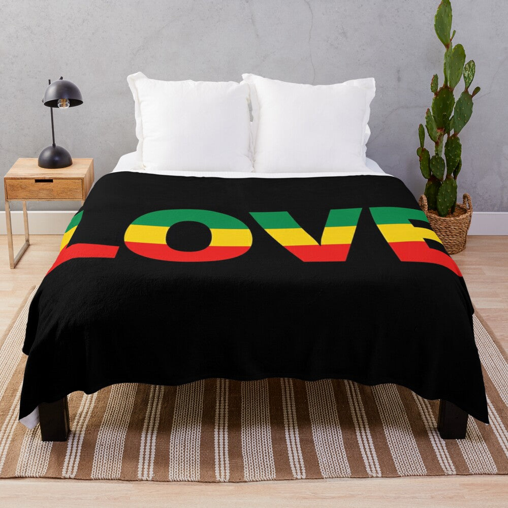 Rasta-inspired plush blanket with Jamaican reggae and peace symbols