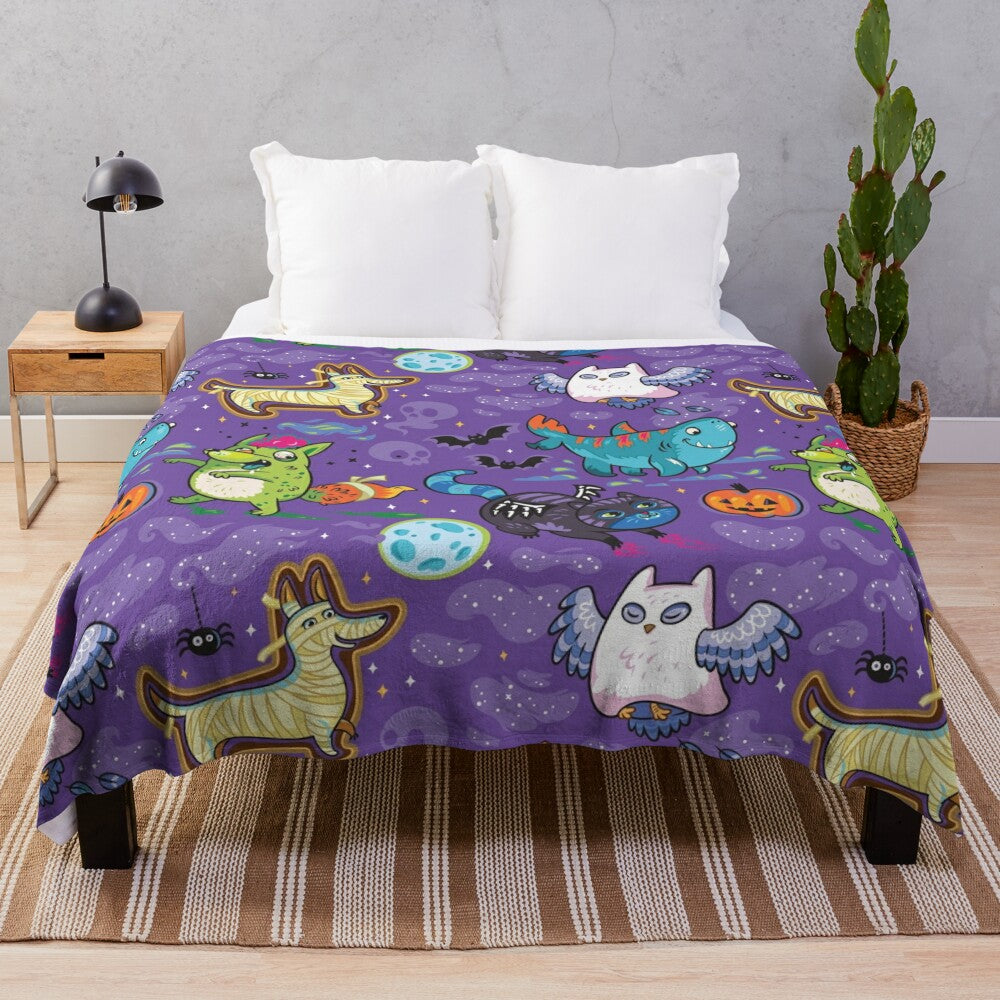 "Spooky night plush blanket with Halloween-themed graphic design"