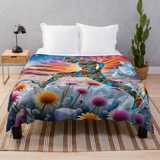 Vibrant floral plush blanket with psychedelic, bohemian-inspired design