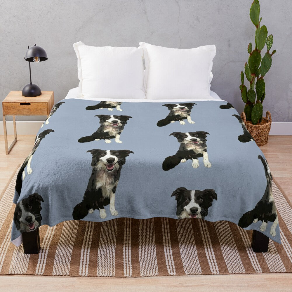 Soft and cozy border collie cartoon dog plush blanket