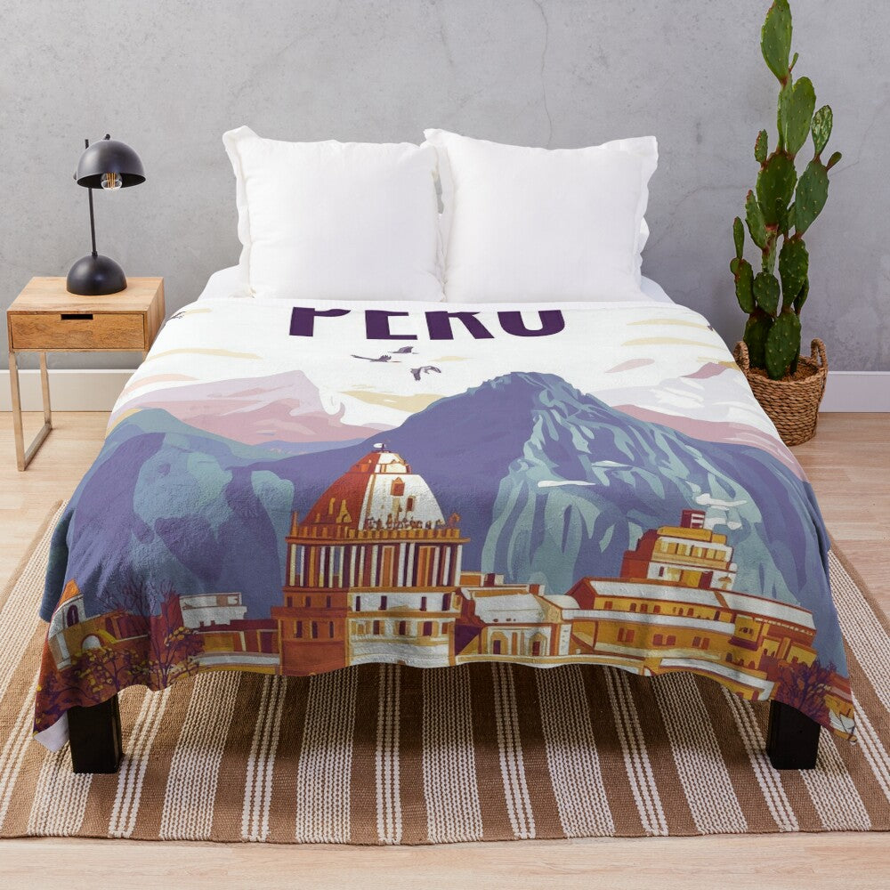 Colorful plush blanket featuring vibrant Peruvian art and cultural designs