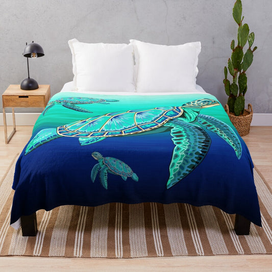 Turquoise sea turtle plush blanket with ocean life design