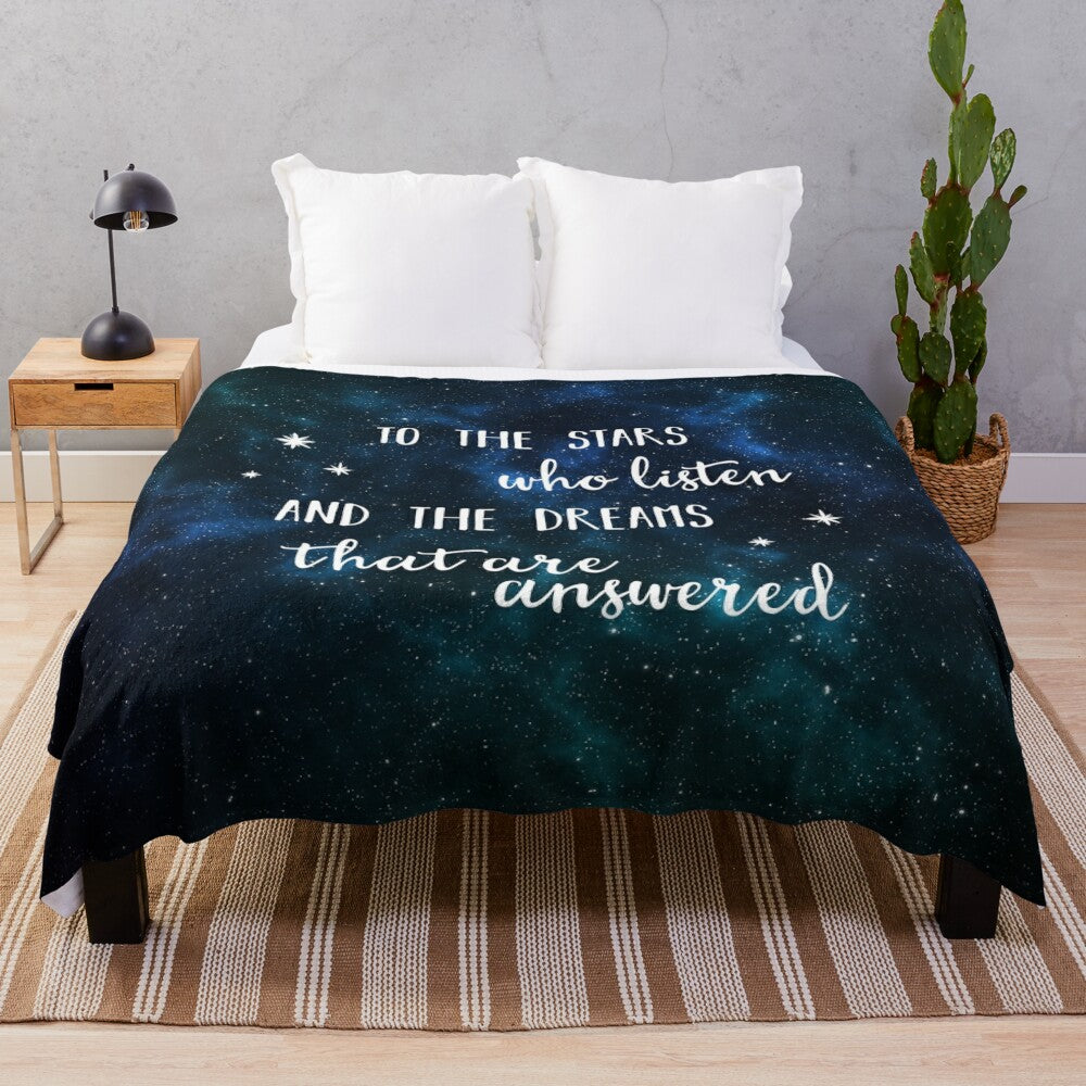 Plush blanket featuring a galaxy and stars design, inspired by the A Court of Thorns and Roses book series